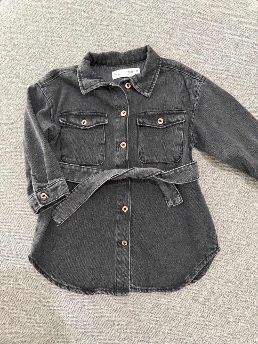 Zara Kids Washed Charcoal Denim Shirt Dress with Tie Belt